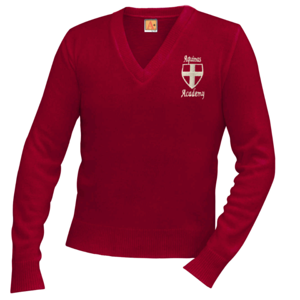 Red V-Neck Sweater with School Logo                                                                                      **ALL SALES FINAL**