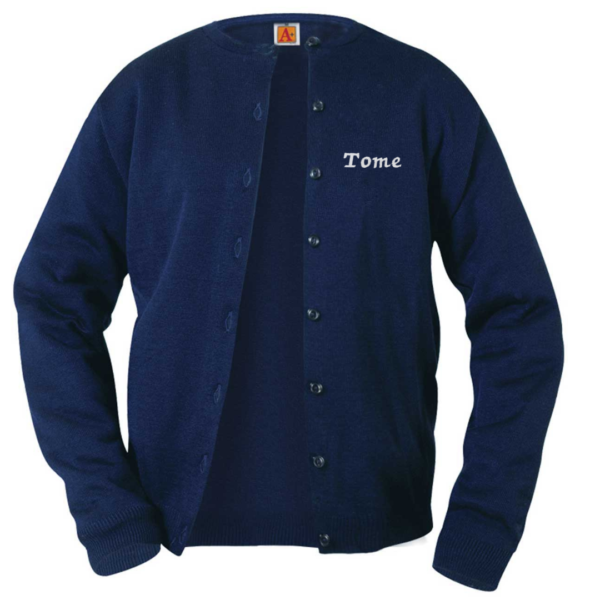Navy Cardigan Sweater with Tome School Logo  **ALL SALES FINAL**