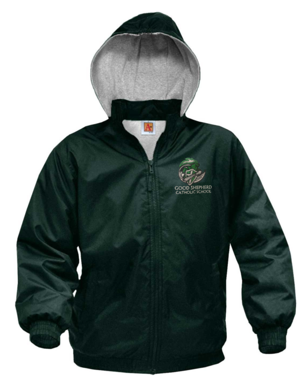 Green Hooded Nylon Jacket with School Logo                                                                                            **ALL SALES FINAL**