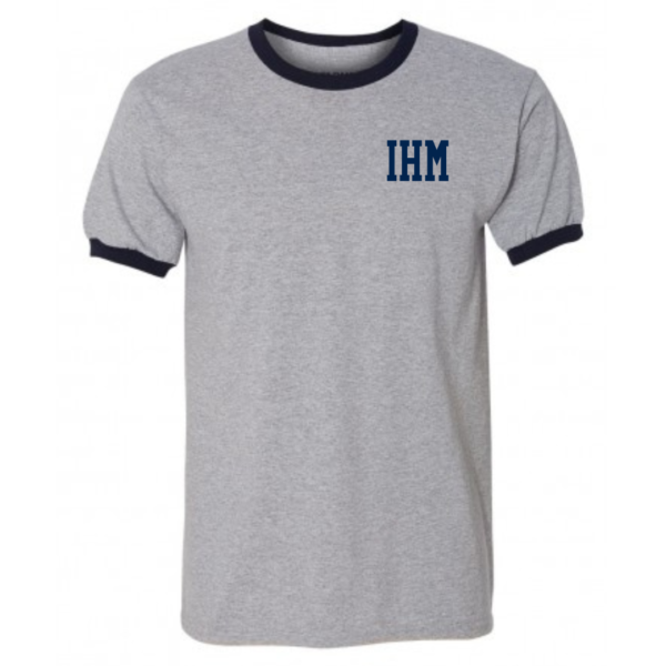 Grey Gym Top with Navy Ringer and IHM Logo