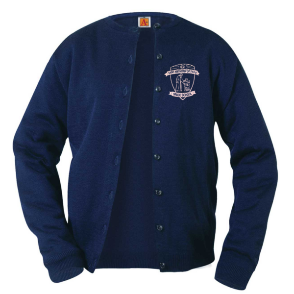 Navy Cardigan Sweater with School Logo  **ALL SALES FINAL**