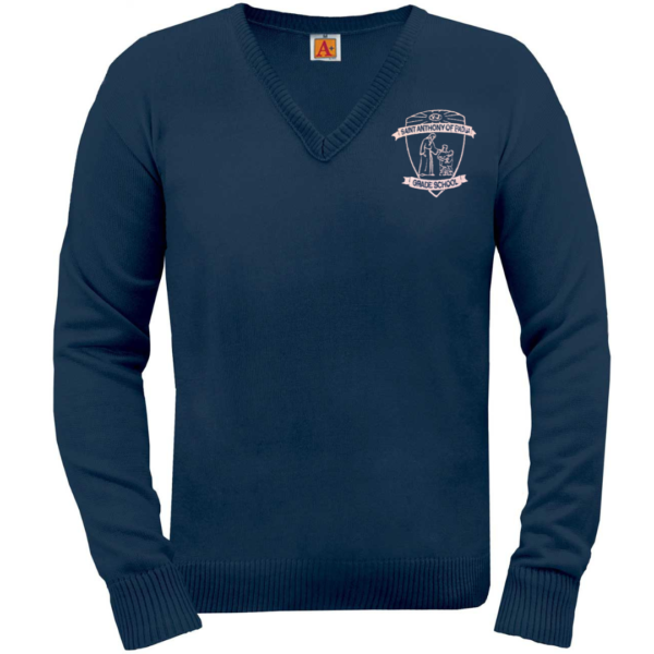 Navy V-Neck Sweater with School Logo  **ALL SALES FINAL**
